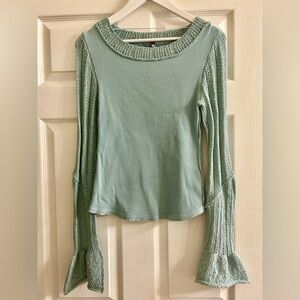 Free People Green Bell Sleeve Ribbed Blouse
